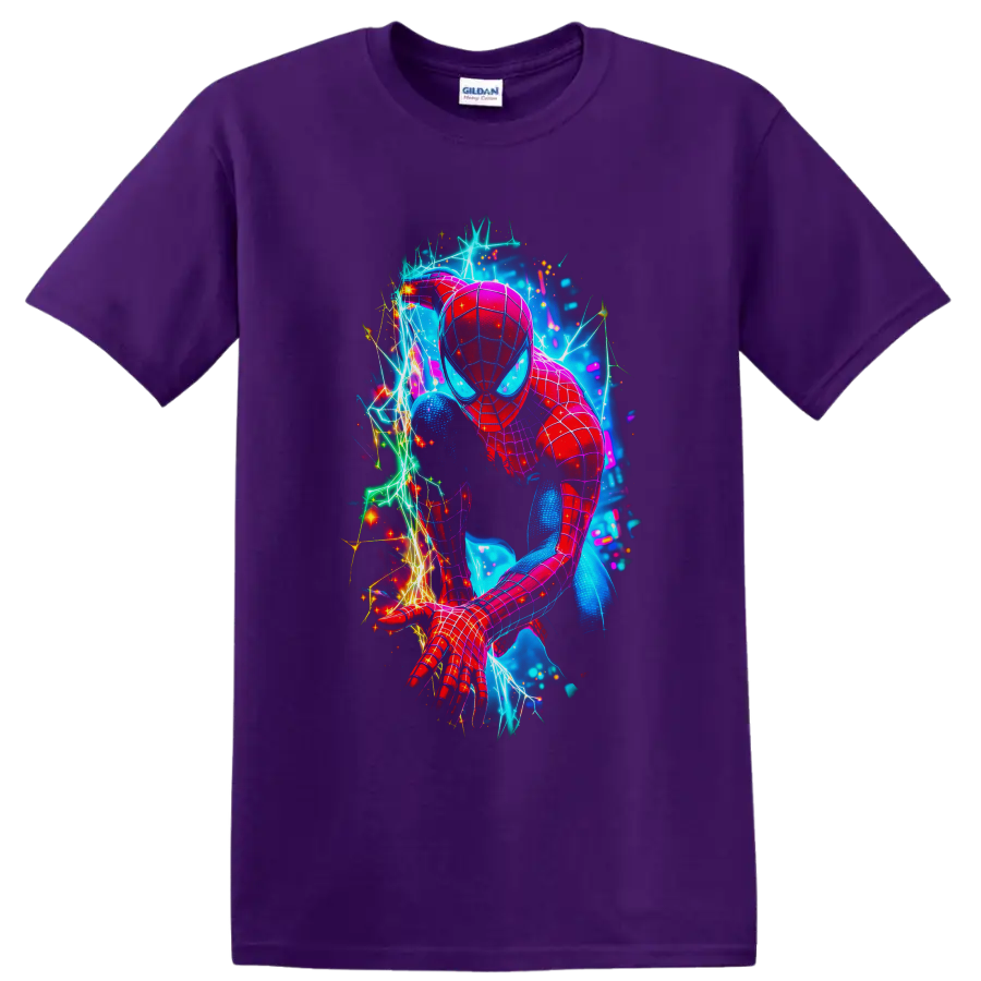 Spider-Man in neon electric web action art with sparks and glowing cosmic backdrop on a Purple T Shirt