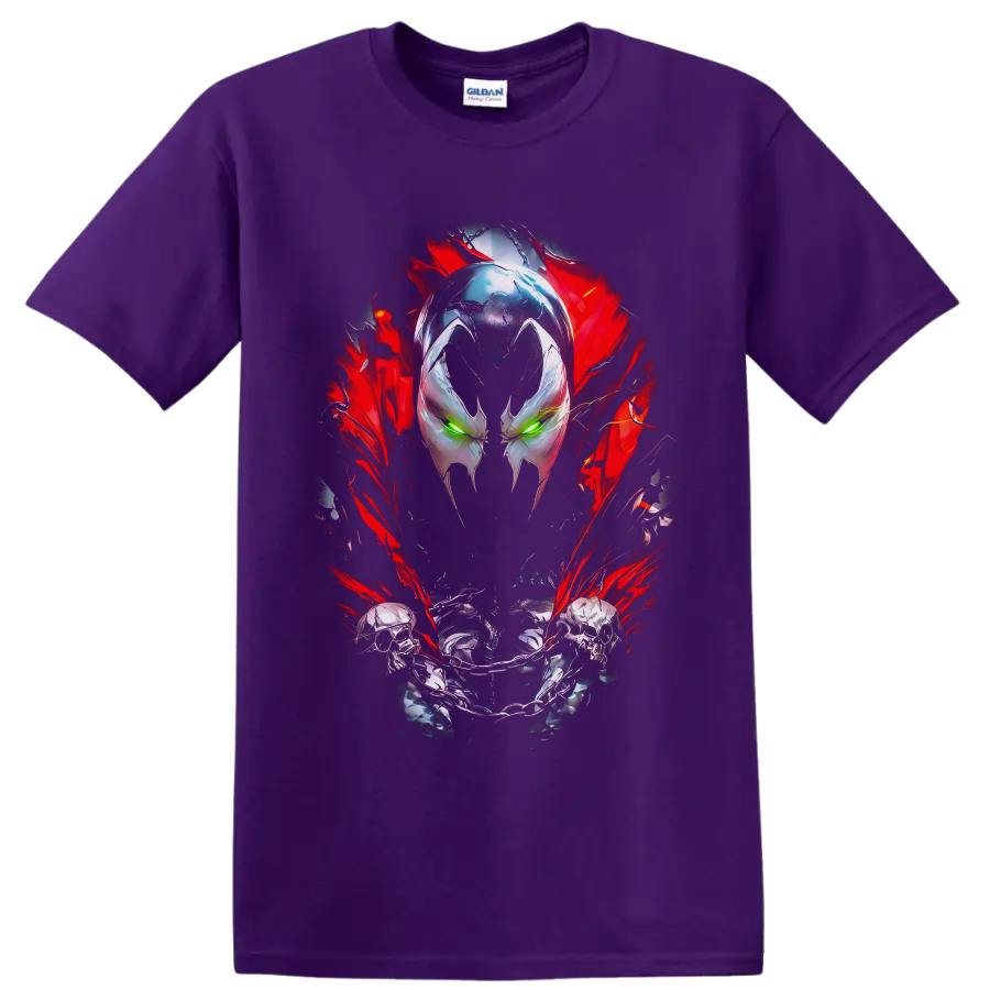 Spawn masked face with green eyes, skull chain, and red energy comic artwork on a Purple T Shirt