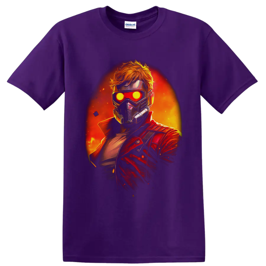 Star-Lord in a glowing mask and red jacket against a fiery cosmic backdrop on a Purple T Shirt