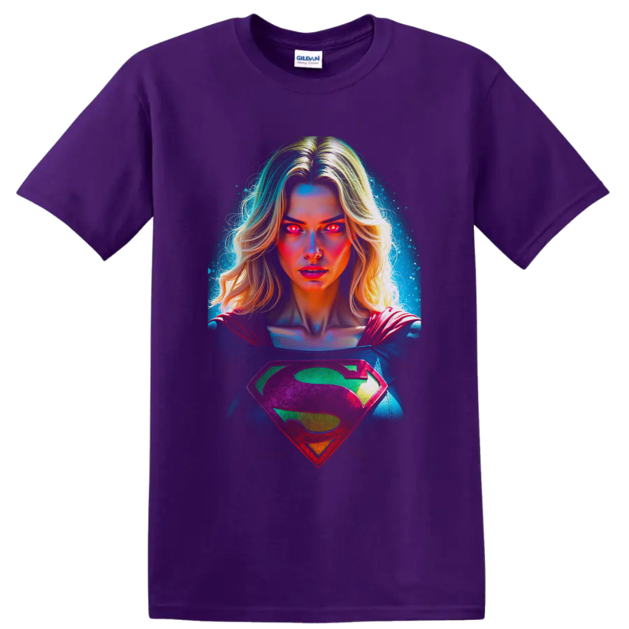 Supergirl Kara Zor-El neon cosmic portrait with glowing eyes and chest emblem on a Purple T Shirt
