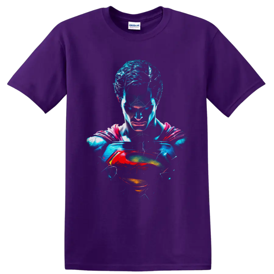 Superman Man of Steel neon portrait with electric cracks and red-and-gold chest emblem on a Purple T Shirt