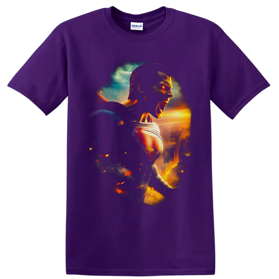 Superman Clark Kent cinematic fiery city battle artwork with glowing red eyes on a Purple T Shirt