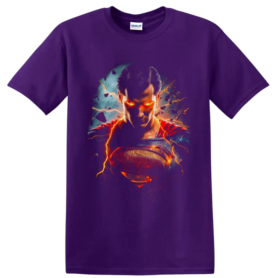 Superman portrait with glowing eyes, lightning, red cape, and fiery hero emblem on a Purple T Shirt