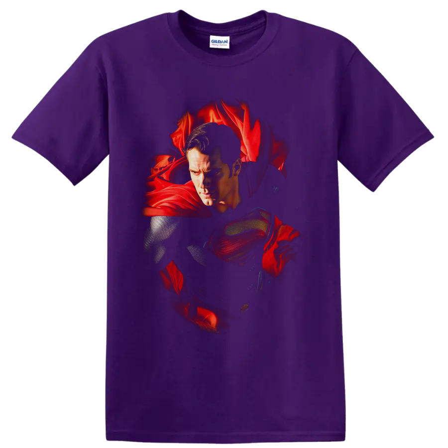 Superman portrait with red cape and chest emblem in Alex Ross-inspired comic art on a Purple T Shirt
