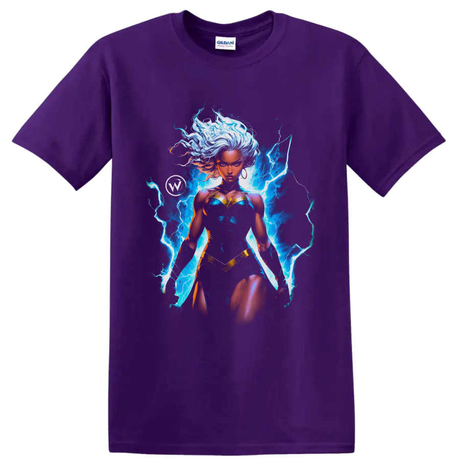Storm superhero artwork with flowing white hair and electric-blue lightning on a Purple T Shirt