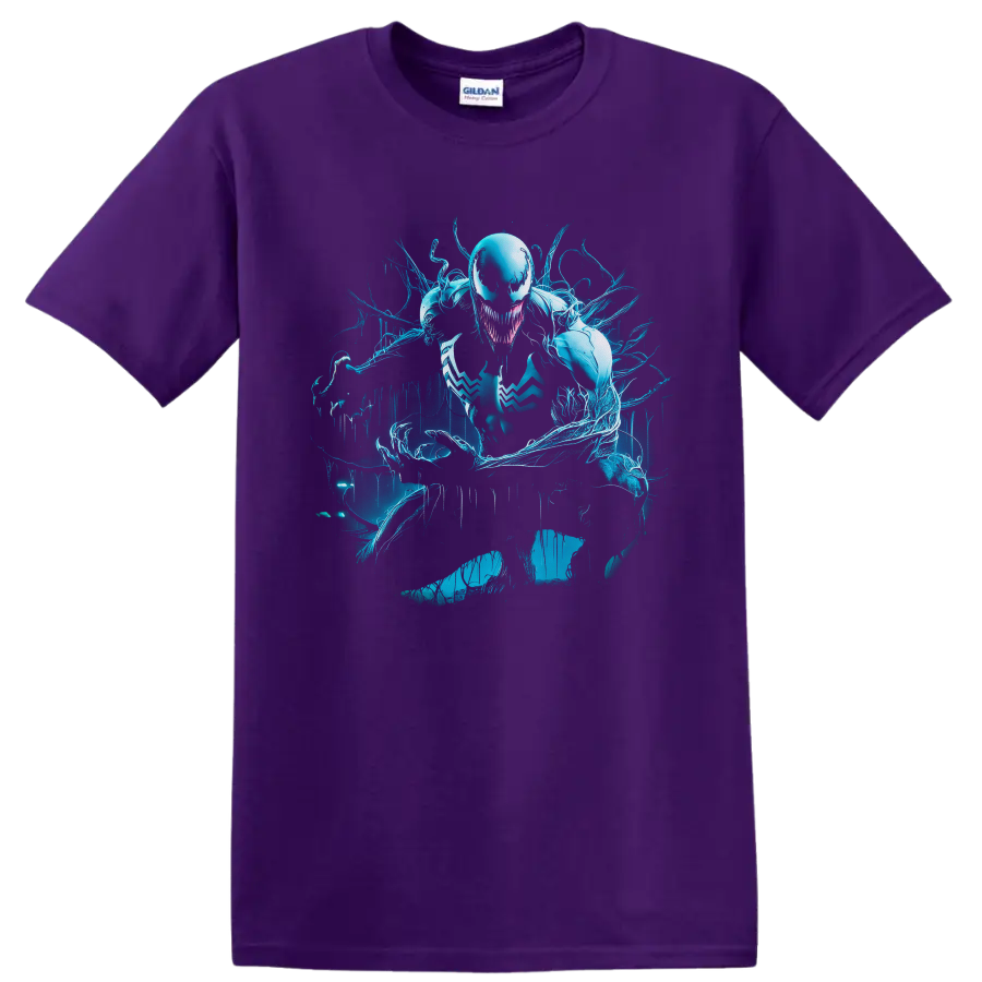 Anti-Venom symbiote with cyan tendrils in distressed comic art style on a Purple T Shirt
