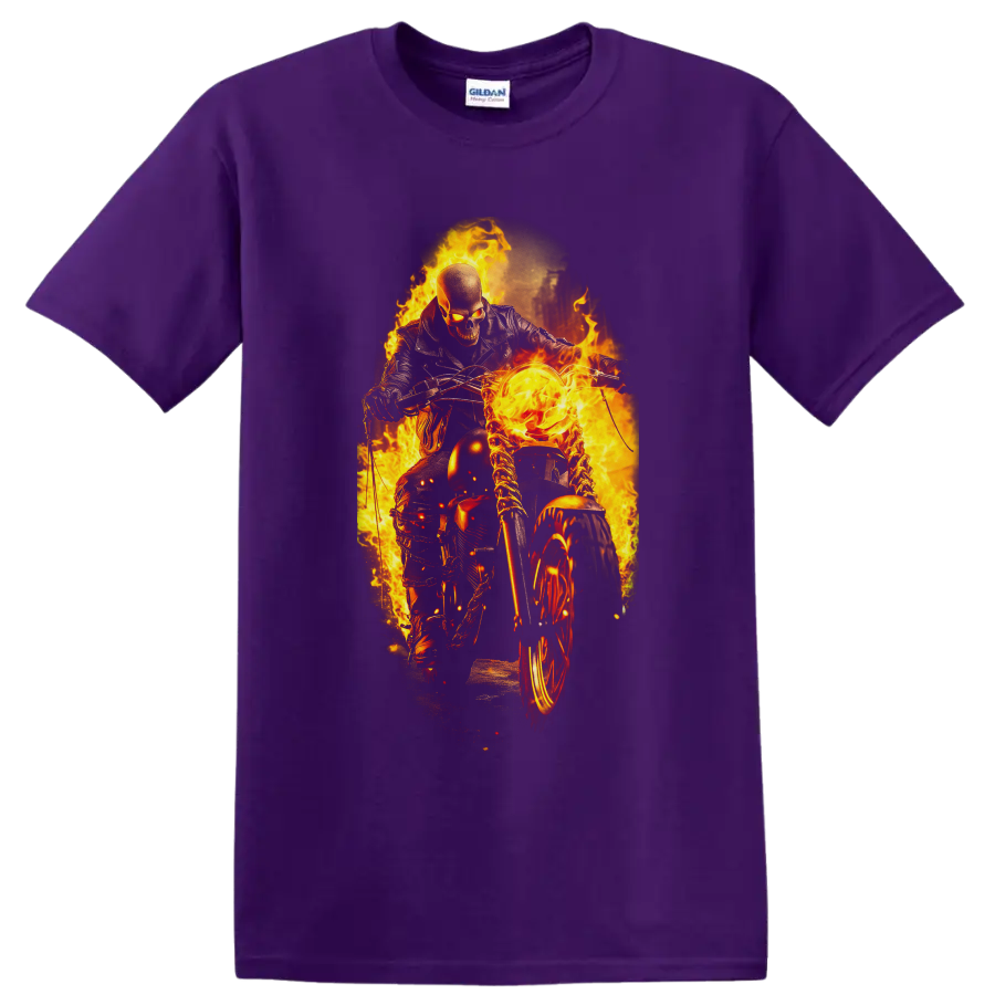 Ghost Rider on a flaming motorcycle in intense fiery comic action artwork on a Purple T Shirt