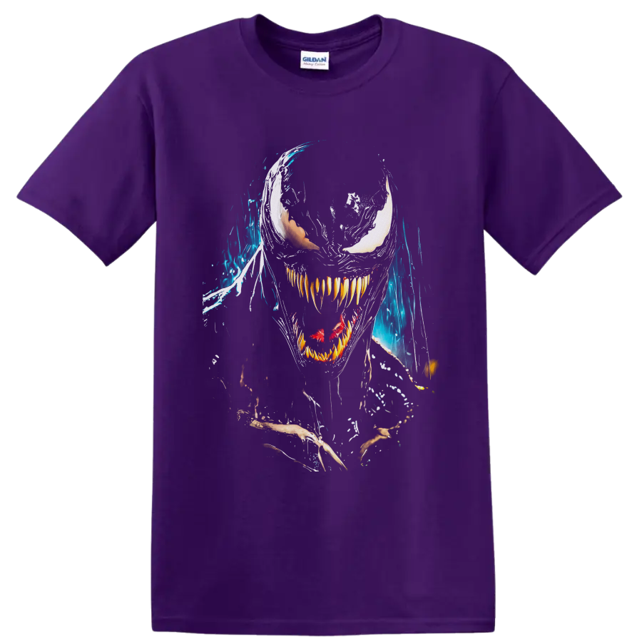 Venom symbiote face with white eyes, sharp teeth, red tongue, and blue splatter art on a Purple T Shirt