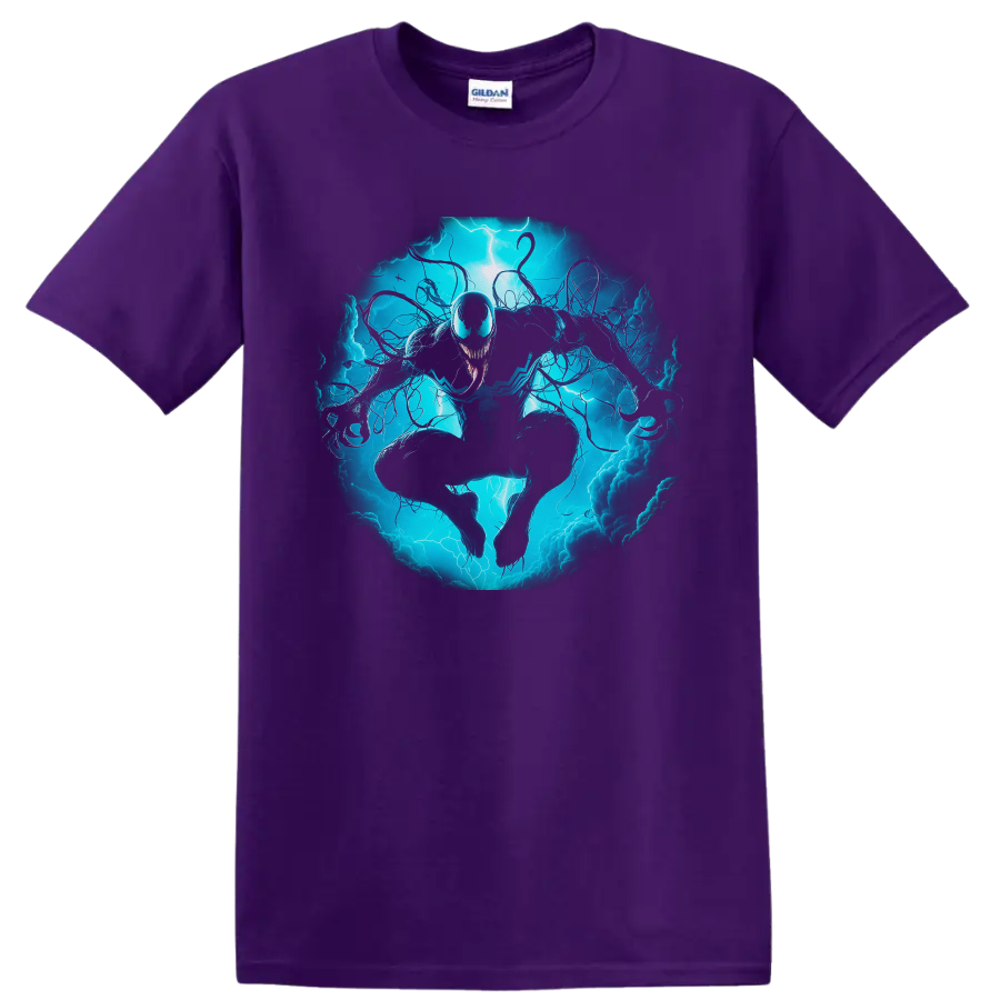 Anti-Venom symbiote lunging through electric blue lightning and swirling tendrils on a Purple T Shirt
