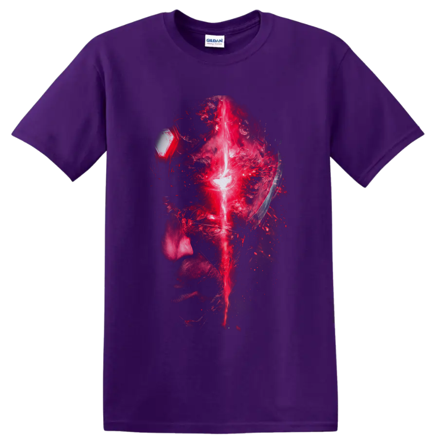 Vision abstract digital portrait with glowing forehead beam and fractured red particle on a Purple T Shirt