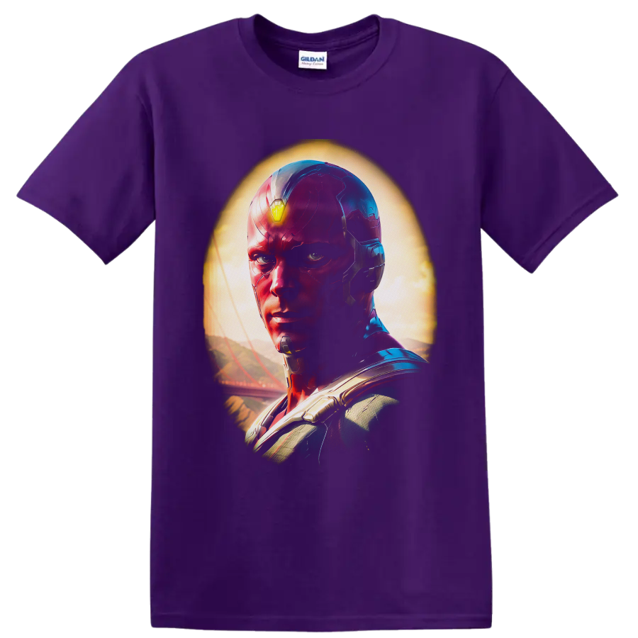 Vision portrait in metallic red and blue armor with glowing yellow forehead gem on a Purple T Shirt