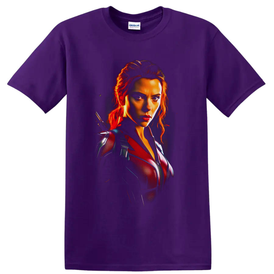 Black Widow Natasha Romanoff cinematic portrait with fiery red tactical suit on a Purple T Shirt