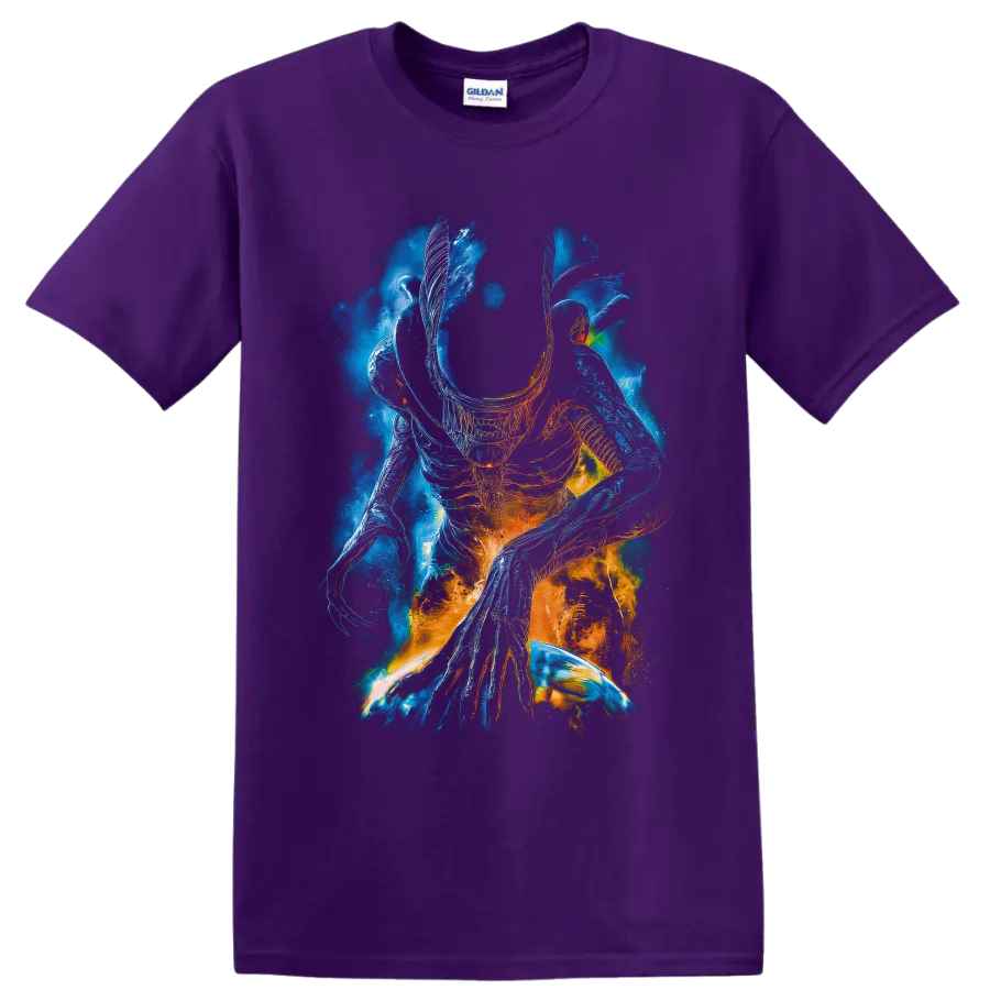 Surreal neon Xenomorph from Alien with blue and orange biomechanical linework on a Purple T Shirt