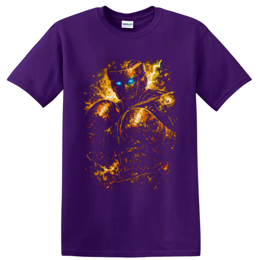 Atom from Real Steel in fiery metallic robot boxing action art with glowing blue eyes on a Purple T Shirt