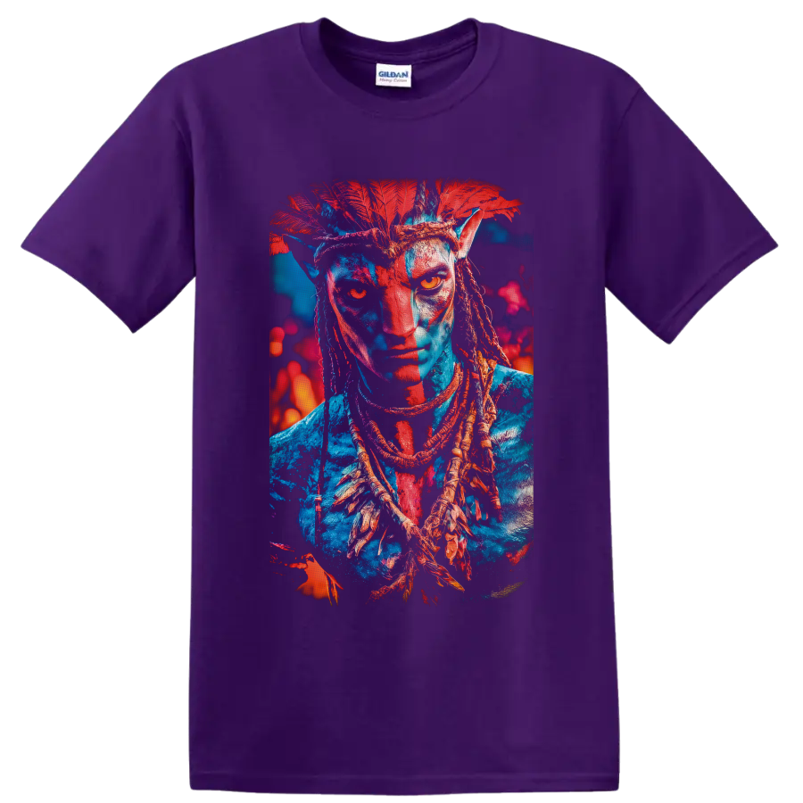Neon Avatar Na'vi warrior portrait with red feather headdress and braided hair on a Purple T Shirt