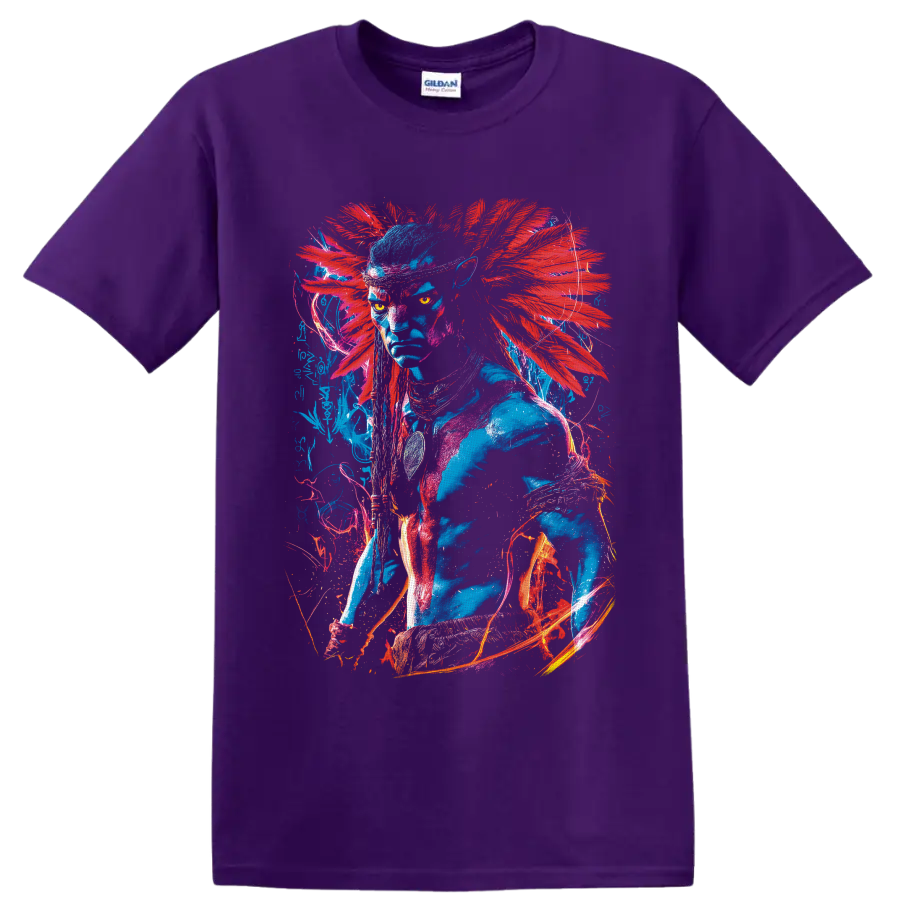 Neytiri Avatar neon warrior portrait with red feather-like accents and glowing linework on a Purple T Shirt