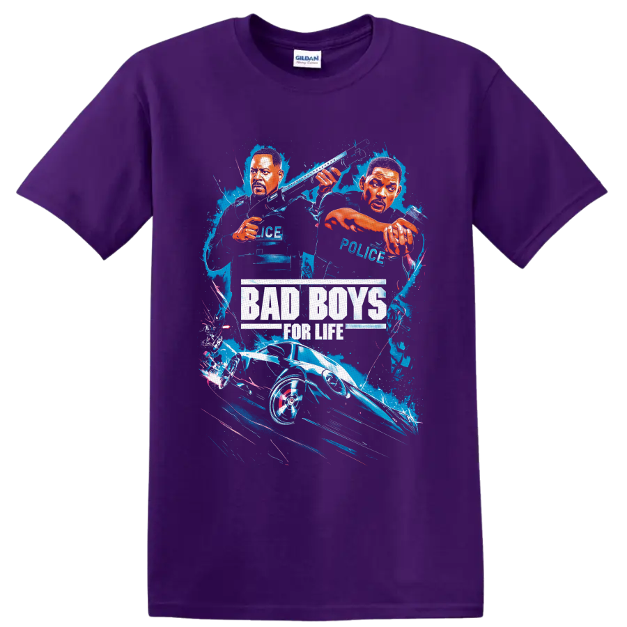 Bad Boys for Life illustrated Will Smith and Martin Lawrence police car splash graphic on a Purple T Shirt