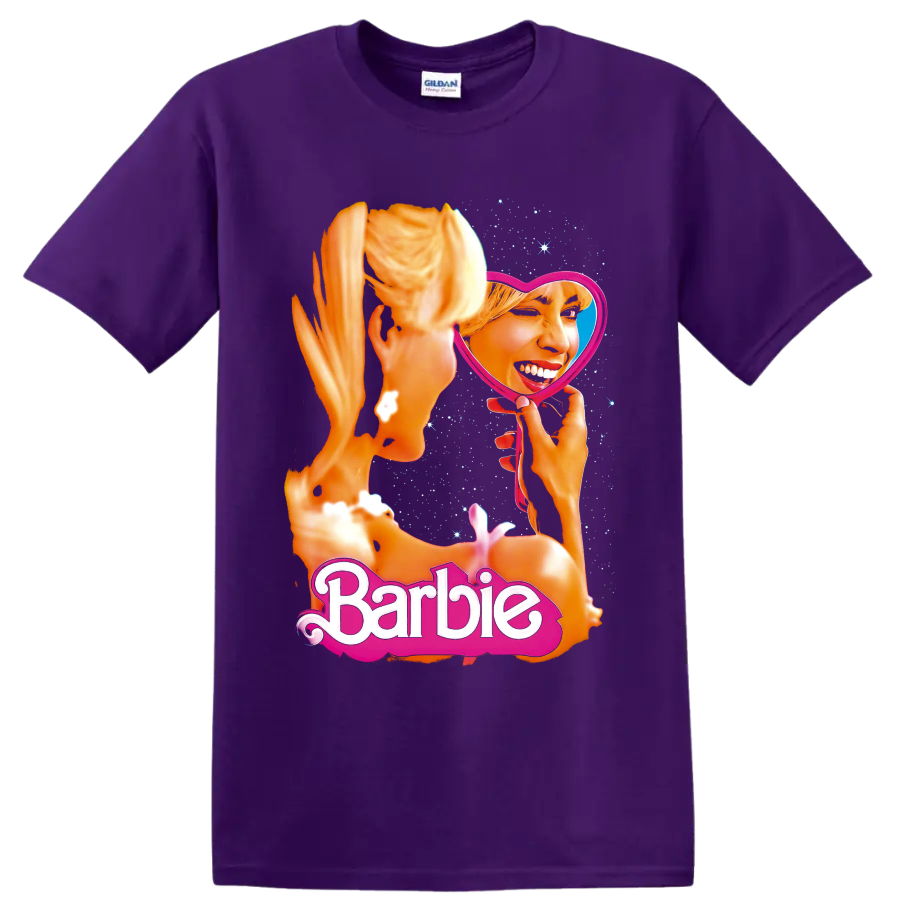 Barbie blonde portrait in pink heart mirror with sparkles and Barbie lettering on a Purple T Shirt
