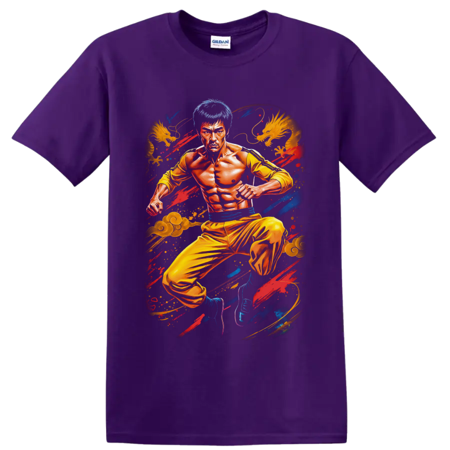 Bruce Lee Game of Death yellow jumpsuit fighter with dragons and colorful brushstrokes on a Purple T Shirt