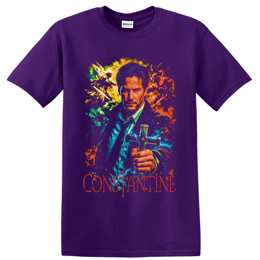 John Constantine portrait with blue lightning, flames, winged figures, and red on a Purple T Shirt