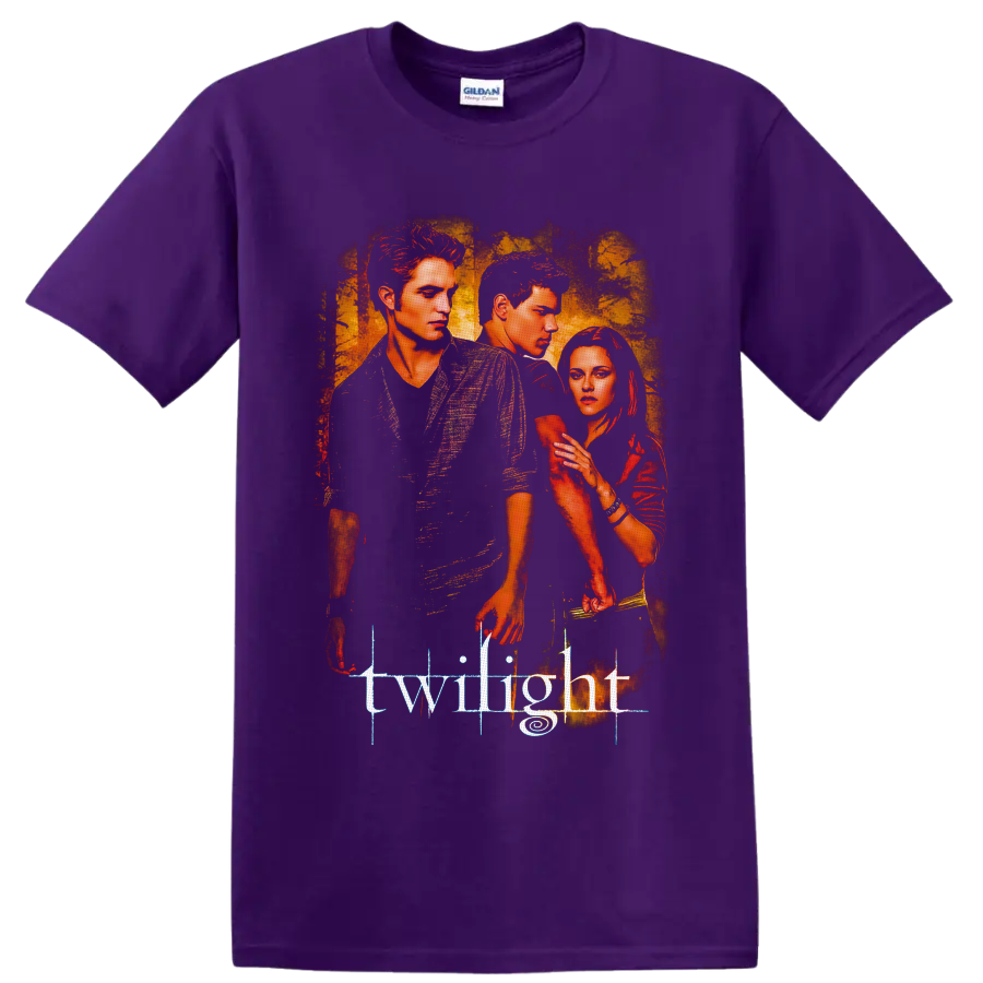 Twilight portrait graphic of Edward Cullen, Jacob Black, and Bella Swan on a Purple T Shirt