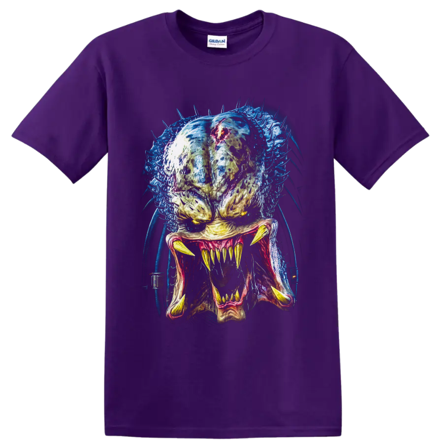 Predator alien hunter portrait with fangs, blue tendrils, and red forehead detail on a Purple T Shirt