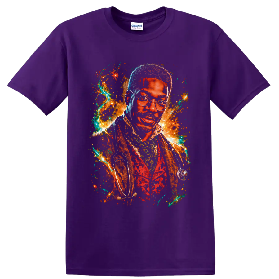 Dr. Dolittle fantasy doctor portrait with glasses, stethoscope, sparks, and teal energy on a Purple T Shirt