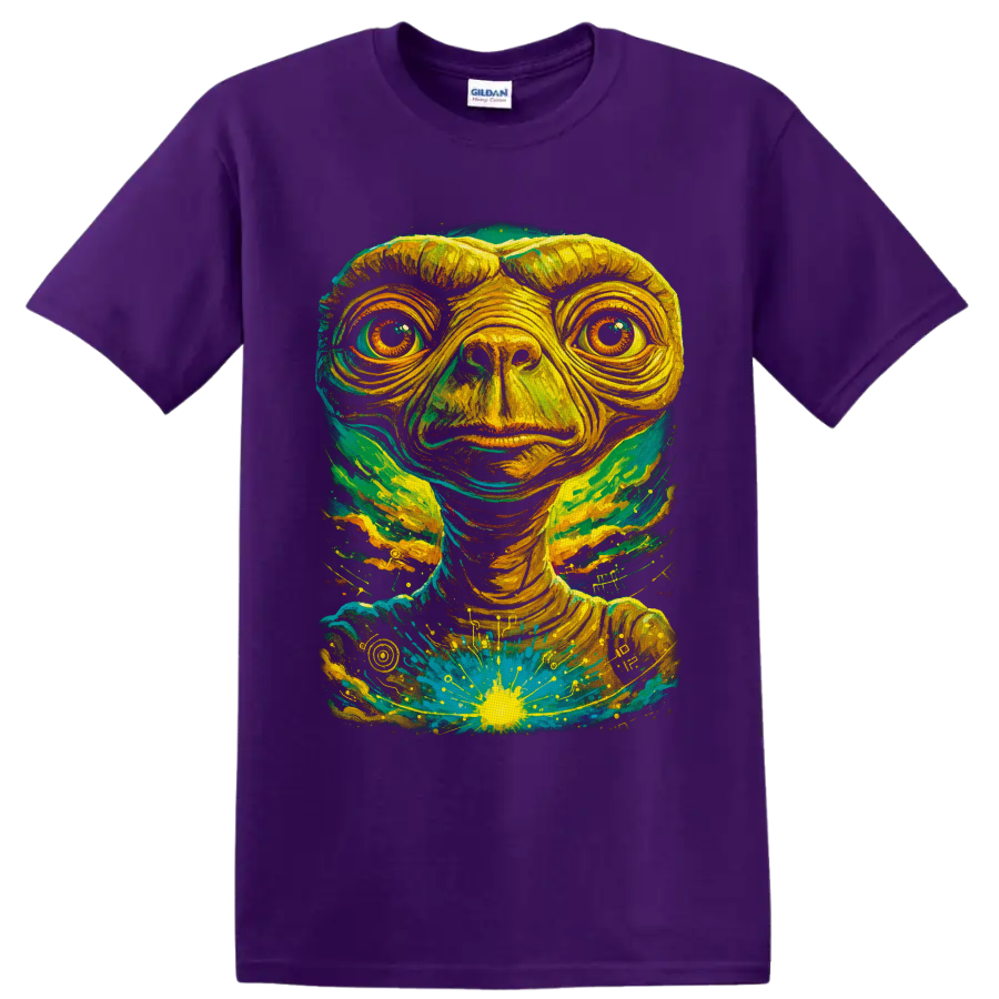 E.T. psychedelic portrait with teal, yellow, and green cosmic paint splashes on a Purple T Shirt