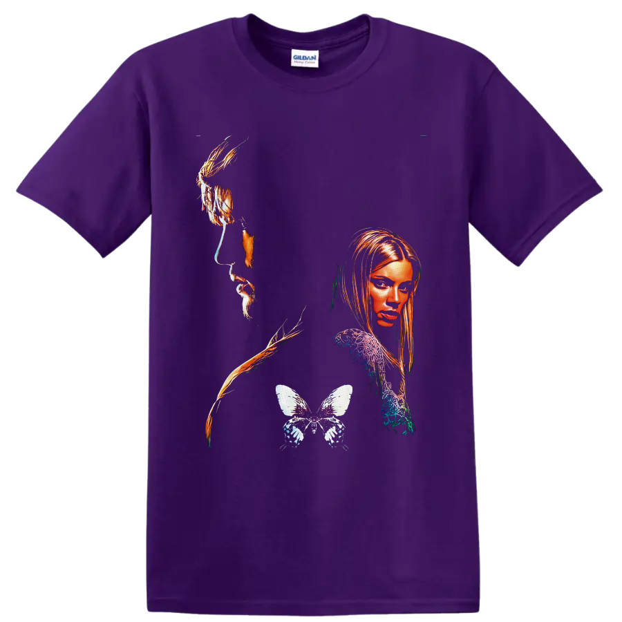 The Butterfly Effect surreal woman portrait with flowing strands and detailed butterfly on a Purple T Shirt