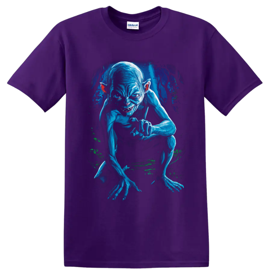 Gollum crouching in a shadowy forest, rendered in vivid blue dark fantasy art on a Purple T Shirt
