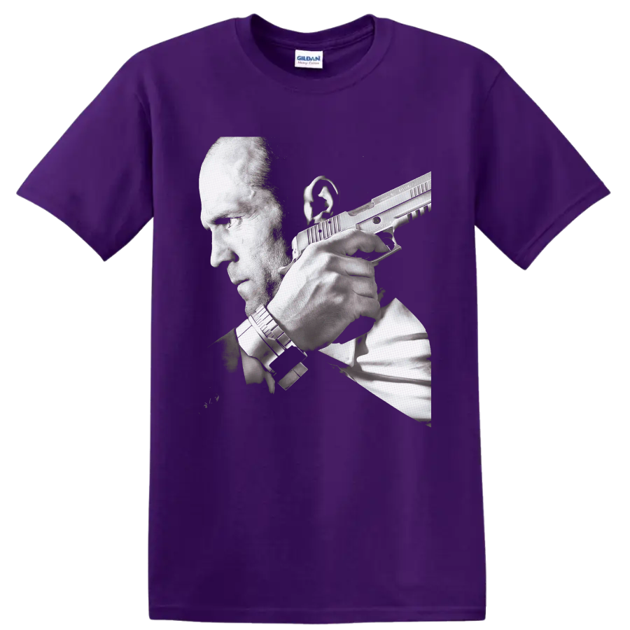 Jason Statham as Frank Martin in Transporter 3 grayscale action portrait on a Purple T Shirt
