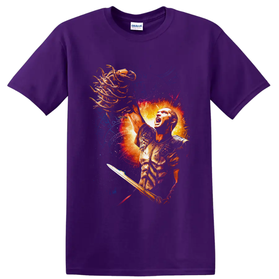 Perseus holding Medusa's serpent-haired head in fiery Greek mythology fantasy art on a Purple T Shirt