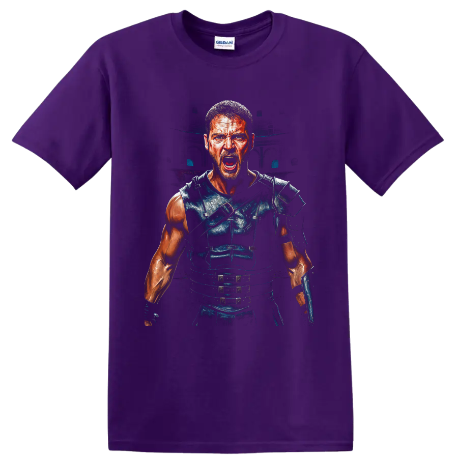 Maximus Decimus Meridius roaring in Roman armor with a shadowy arena backdrop on a Purple T Shirt