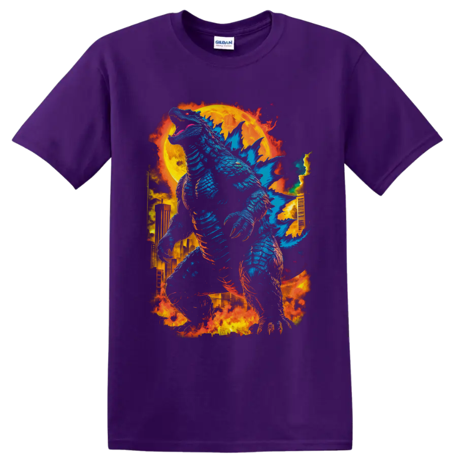 Godzilla blue kaiju towering over a burning city beneath a blazing moon on a Purple T Shirt