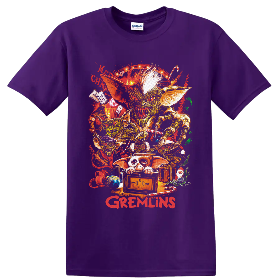 Gizmo Gremlins Christmas collage with Mogwai, creatures, candy canes, and crate on a Purple T Shirt