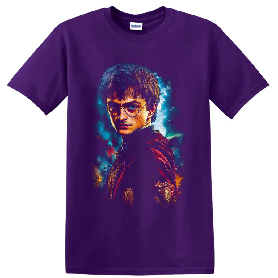 Harry Potter wizard portrait in vivid textured fantasy art with round glasses on a Purple T Shirt