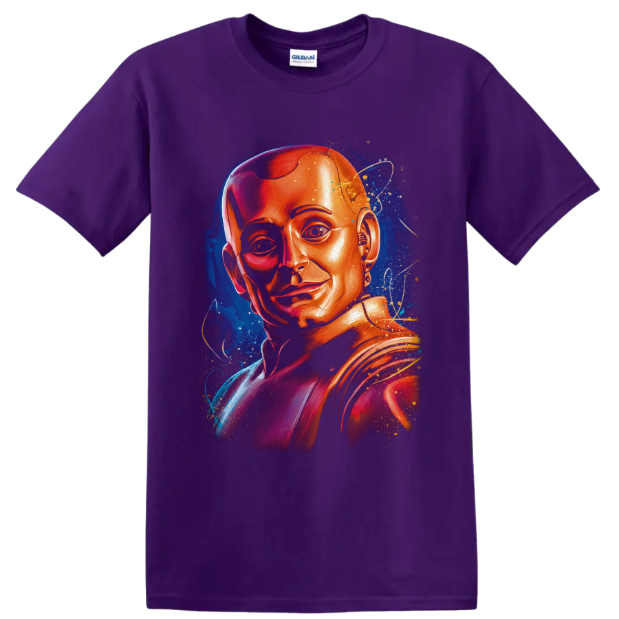 Cyborg portrait in vivid metallic tones with cosmic stars and orbital line art on a Purple T Shirt