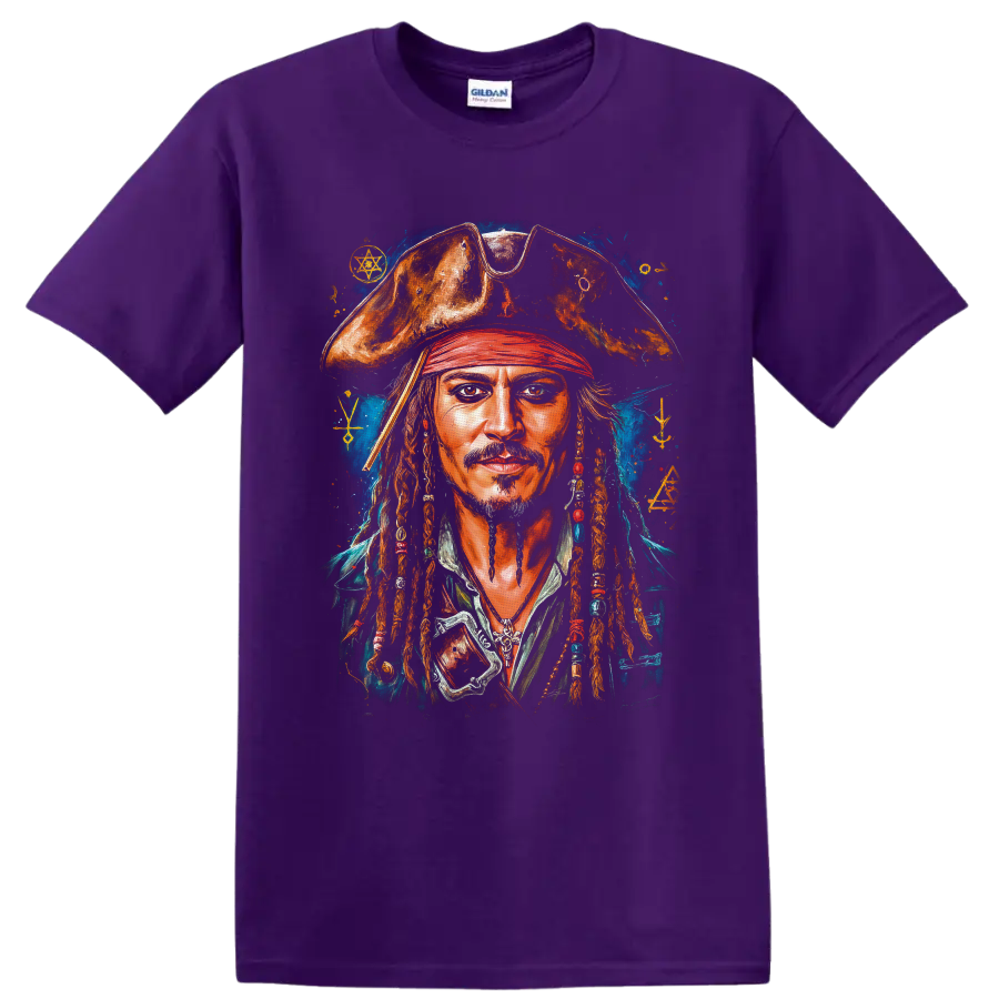 Captain Jack Sparrow painterly pirate portrait with tricorn hat and mystical blue backdrop on a Purple T Shirt
