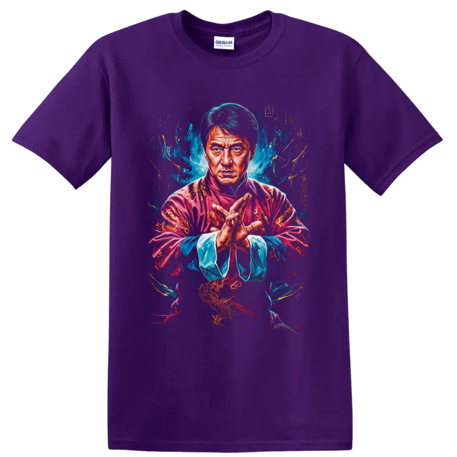 Jackie Chan as Mr. Han in a vivid painterly martial arts portrait on a Purple T Shirt
