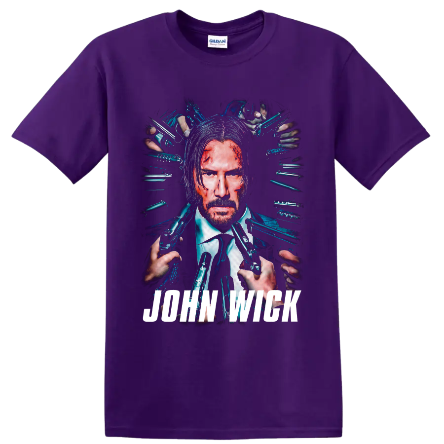 John Wick neon portrait with surrounding pistols and bold white title lettering on a Purple T Shirt