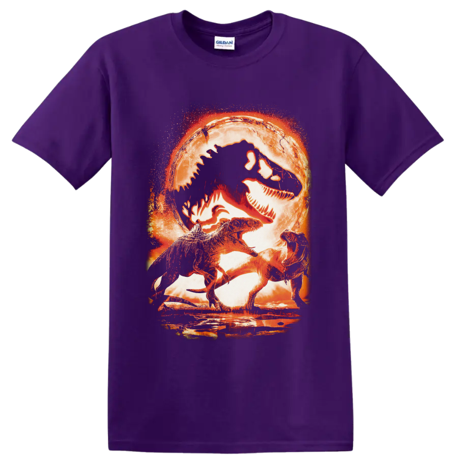 Jurassic World T Rex dinosaurs beneath a fiery fossil skull in distressed cinematic art on a Purple T Shirt