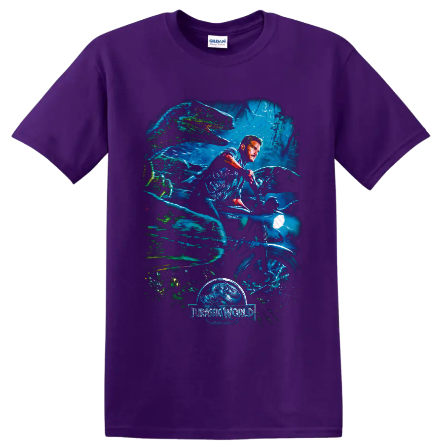 Owen Grady on motorcycle with dinosaurs in neon underwater Jurassic World artwork on a Purple T Shirt