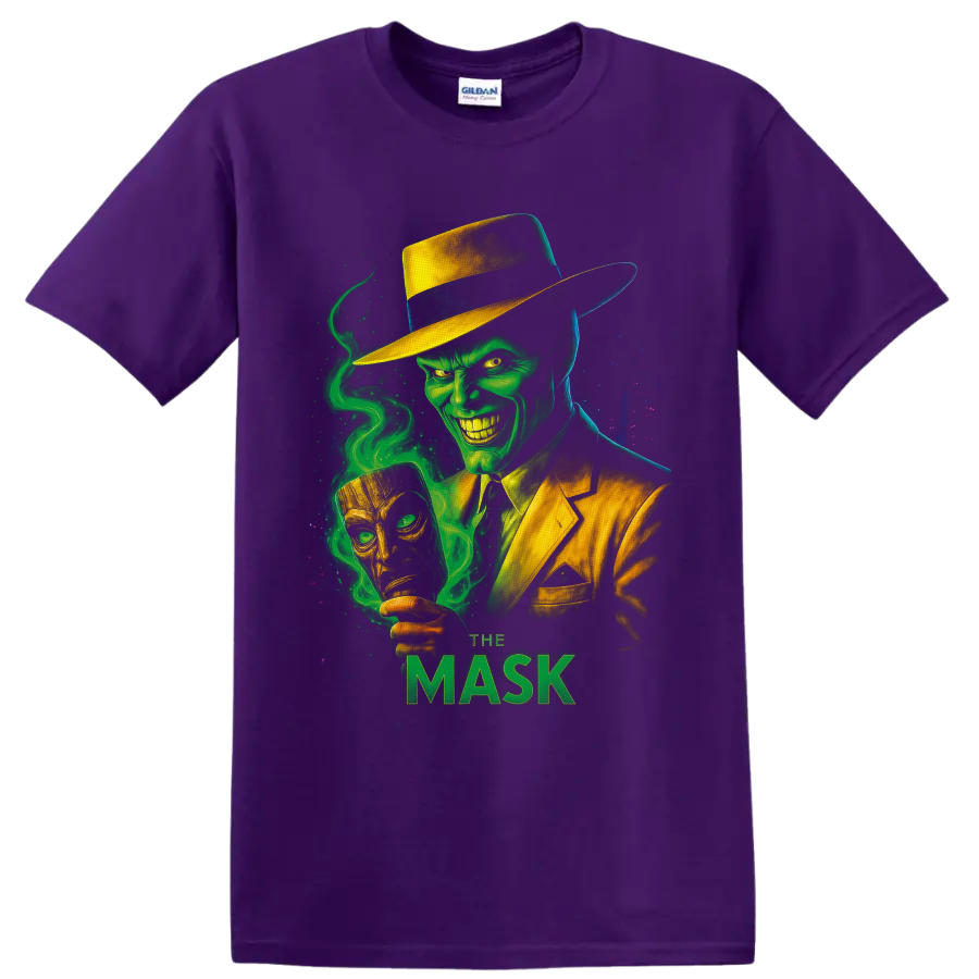 The Mask green-faced character in yellow suit with swirling smoke and golden mask on a Purple T Shirt
