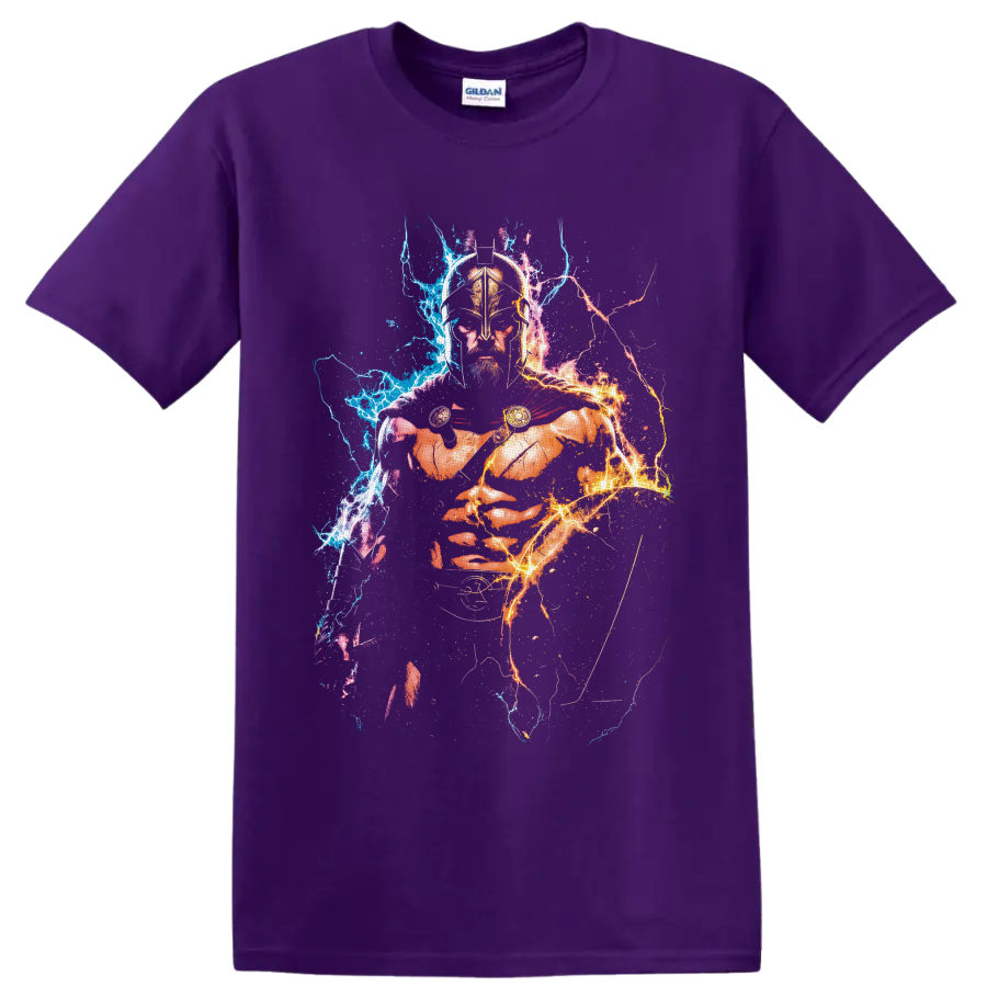 Leonidas 300 Spartan warrior with bronze helmet, red cloak, and blue-orange lightning on a Purple T Shirt
