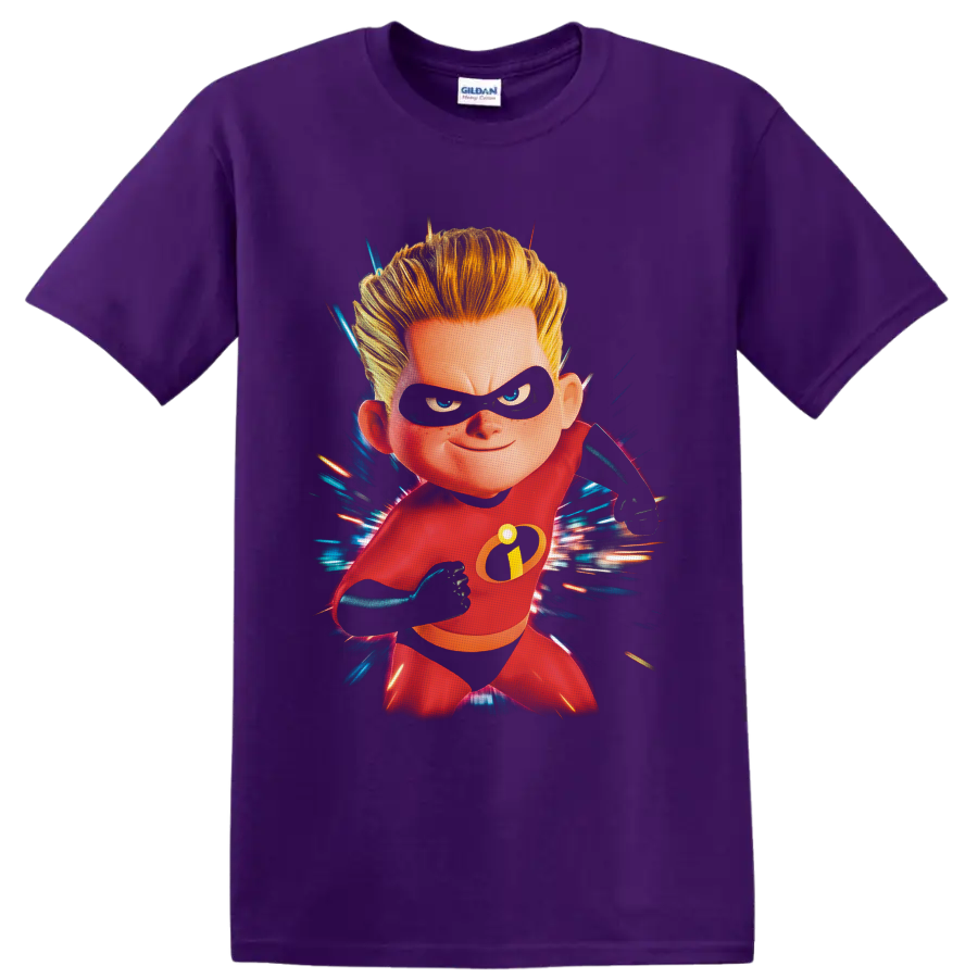Dash Parr in red hero suit with black mask and blue red speed burst artwork on a Purple T Shirt
