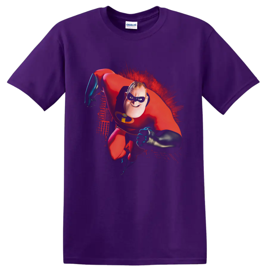 Mr. Incredible flying in red suit with black mask and red paint-splash artwork on a Purple T Shirt