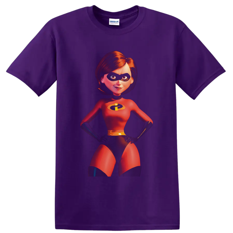 Elastigirl from The Incredibles in a vivid red superhero suit character portrait on a Purple T Shirt