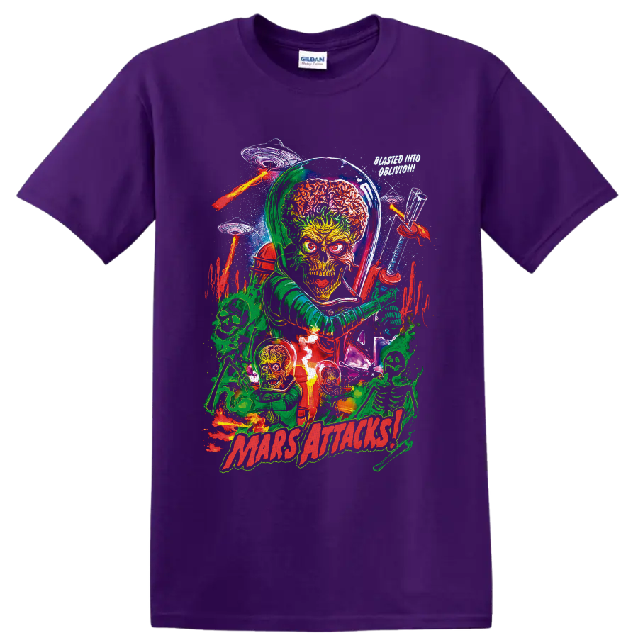 Mars Attacks Martian alien invasion art with saucers, skeletons, ray guns and flames on a Purple T Shirt