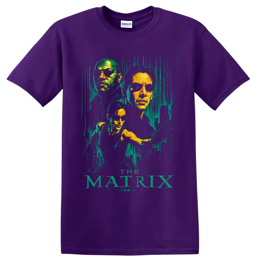 Neo, Morpheus and Trinity portraits with distressed green code and The Matrix text on a Purple T Shirt