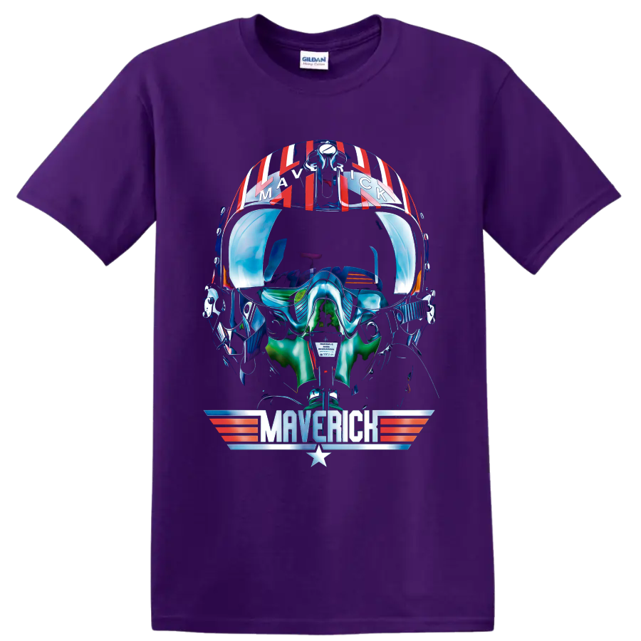 Pete Maverick Mitchell helmet graphic with winged Maverick emblem and retro aviation on a Purple T Shirt